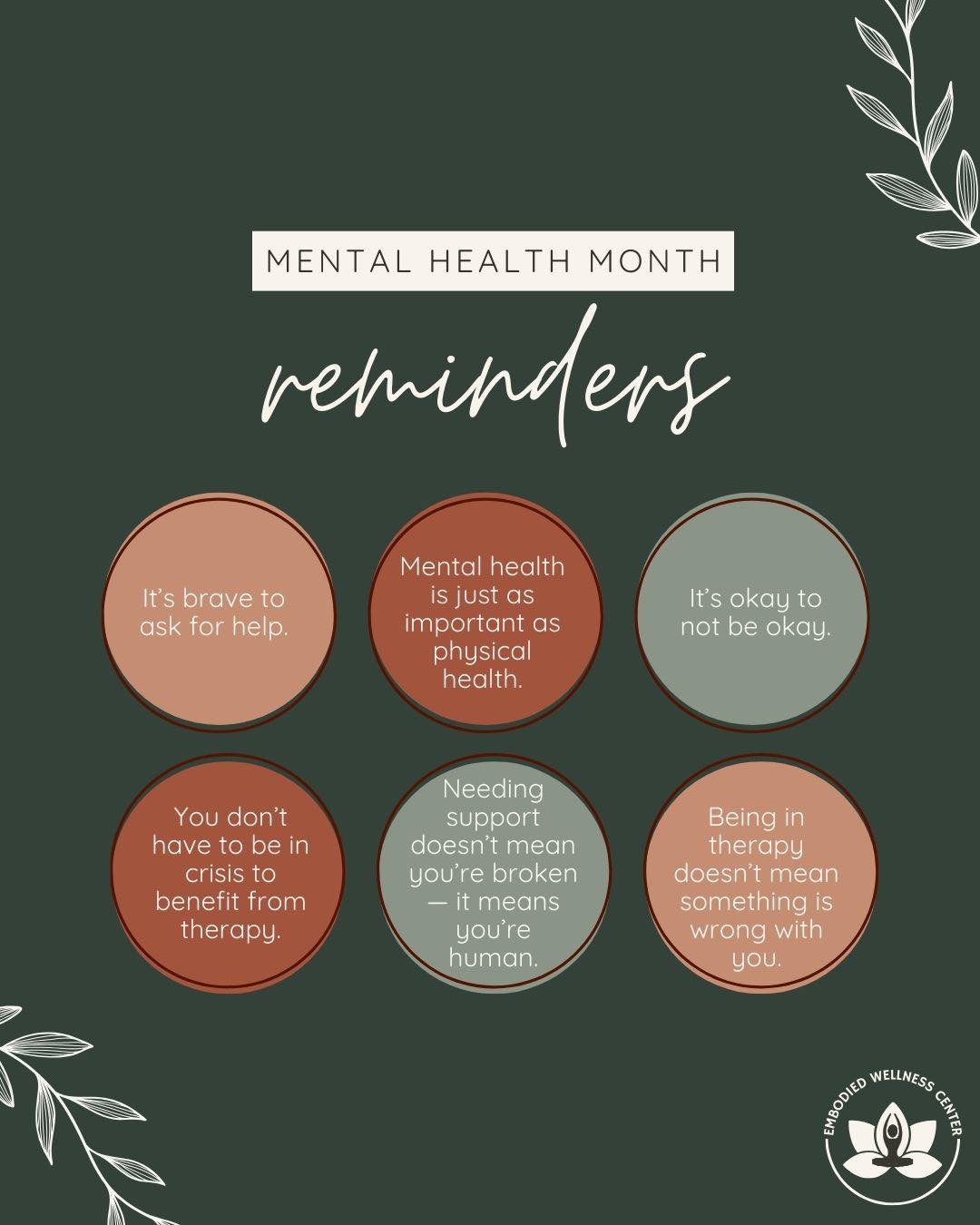 Mental Health Awareness Month Reminder: You don’t have to navigate it all alone.
Therapy isn’t just for when things fall apart — it’s for building a life that feels more aligned, grounded, and fulfilling. At Embodied Wellness Center, we offer individual therapy, couples counseling, somatic therapy, and mindfulness-based services to support your whole self — mind and body. Whether you're starting therapy for the first time or returning after a break, we're here to walk with you on your path to healing. 💚
Ready to take that next step? Visit the link in bio to learn more or book a free consult.