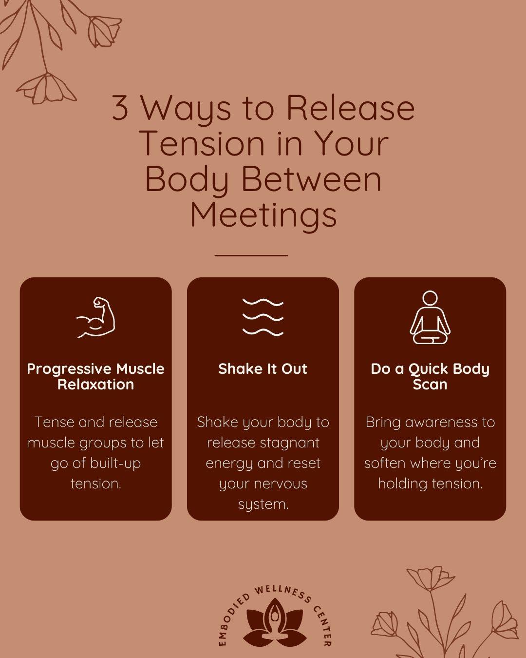 You don't have to wait until the end of the day to take care of yourself.
Small moments matter, so if you spend your day in back-to-back meetings, staring at a screen, or constantly switching between tasks, try one of these quick nervous system resets:
-Progressive Muscle Relaxation
-Shake It Out
-A Quick Body Scan
Each one takes only a minute or two, but can help interrupt the buildup of stress before it turns into headaches, muscle tension, irritability, or burnout. Which one are you trying first?
.
Save this post for the next time your shoulders are up by your ears.
.
.
.
#embodiedwellnesscenter #chicagotherapist #chicago #mentalhealth #mentalhealthmatters #chicagogram #therapist #anxiety #therapistsofinstagram #chicagowellness #holistictherapist #mentalhealththerapist #therapistsofig #somatictherapy #stressrelief #mindfulness #nervoussystemregulation #mentalhealth #therapy #burnoutrecovery #anxietyrelief #bodyawareness #grounding #wellness #virtualtherapy #selfcare #stressmanagement #mentalwellness #mindbodysoul #mindfullife