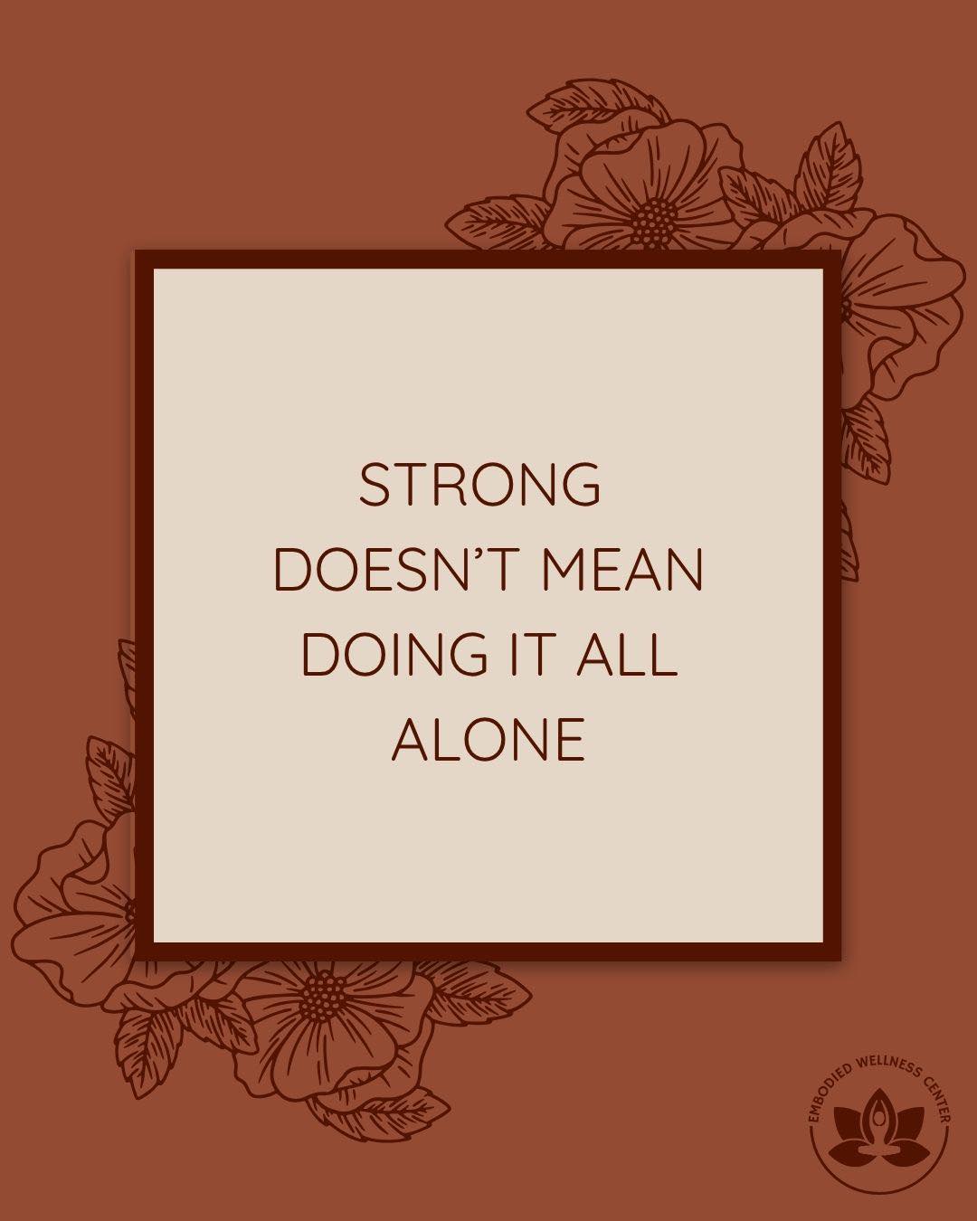 Strong doesn’t mean doing it all alone. You don't have to be the one who holds it together all the time, never drops the ball, never asks for help, or be the one everyone relies on. That can feel heavy, isolating, and exhausting.
.
Real strength is knowing when to let someone show up for you. It’s asking for support before you hit your limit. It’s allowing yourself to be human. You don’t have to carry everything just because you can.
.
Therapy can be one of those places where you don’t have to perform or have it all figured out. A space where you can put things down for a moment, be supported, and not have to do it alone. We'd love to help. If you'd like to learn more or get started, click the link in or bio.
.
.
.
#embodiedwellnesscenter #chicagotherapist #chicago #mentalhealth #mentalhealthmatters #chicagogram #therapist #anxiety #therapistsofinstagram #chicagowellness #holistictherapist #mentalhealththerapist #therapistsofig #mentalhealth #anxiety #burnout #peoplepleasing #perfectionism #selfworth #selfcompassion #boundaries #healingjourney #mindfulness #somatictherapy #chicagotherapist #therapy #mentalhealthmatters #wellness