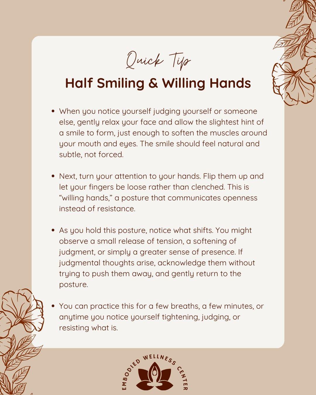Half-smiling and willing hands is a technique from Dialectical Behavior Therapy that helps soften judgment and resistance. The body and mind are deeply connected, so when we shift our posture or facial expression, even subtly, it impacts our emotional state. This practice isn’t about forcing positivity or pretending everything is okay. It’s about signaling openness and willingness, especially when judgment or tension shows up.
.
.
.
#embodiedwellnesscenter #chicagotherapist #chicago #mentalhealth #mentalhealthmatters #therapist #anxiety #therapistsofinstagram #chicagowellness #holistictherapist #mentalhealththerapist #therapistsofig #newsletter #newslettersignup #mentalhealthtips #selfcaretips #chicagomentalhealth #emailnewsletter #nonjudgment #selfcompassion #loveyourself #relationships #healthyrelationships #selflove #selfacceptance