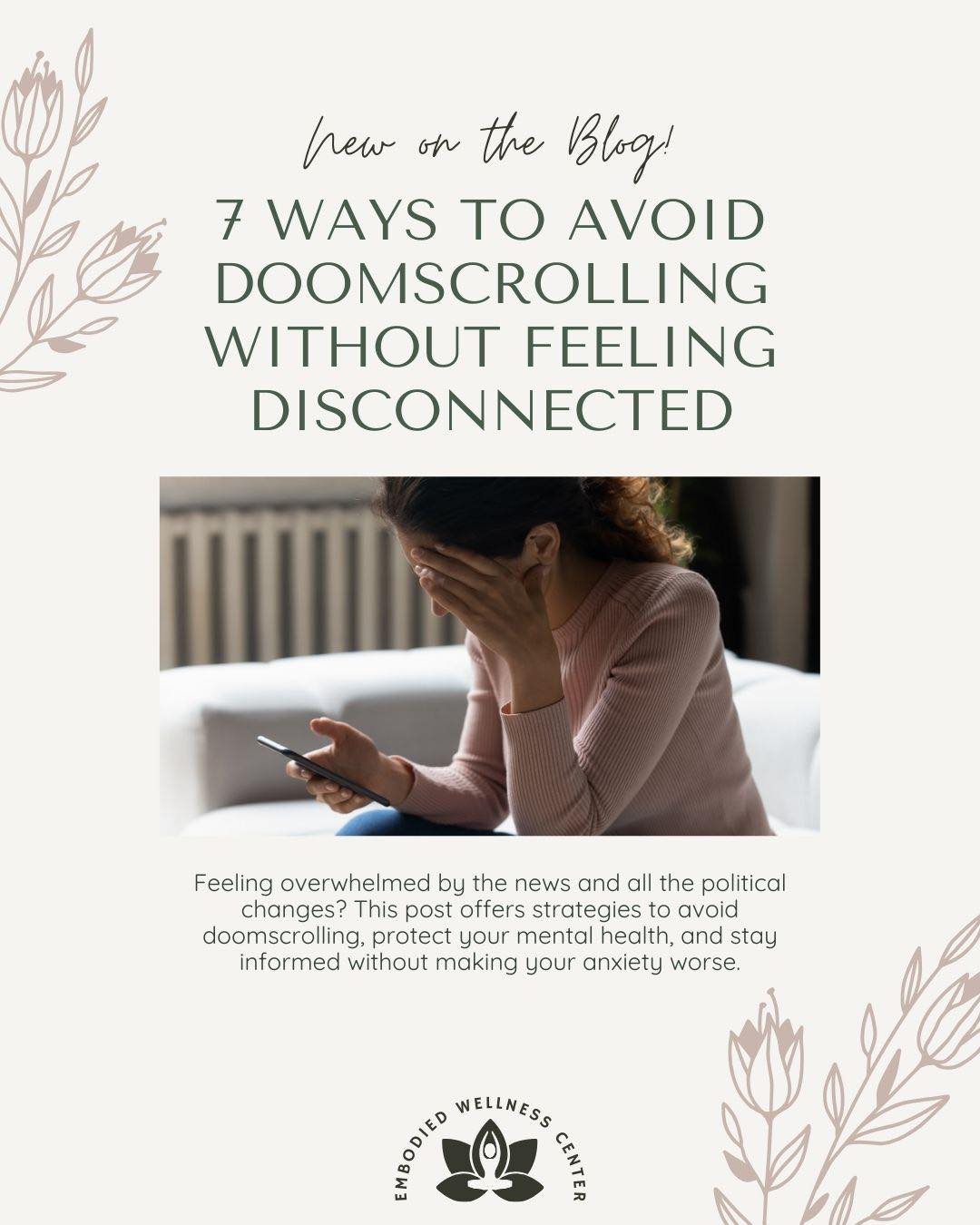Feeling overwhelmed by the news? You're not alone. Staying informed is important, but your mental health matters too. In our latest blog post, we’re sharing 7 practical ways to avoid doomscrolling without feeling disconnected—so you can stay grounded, take action, and protect your peace. Click the link in bio to read more!