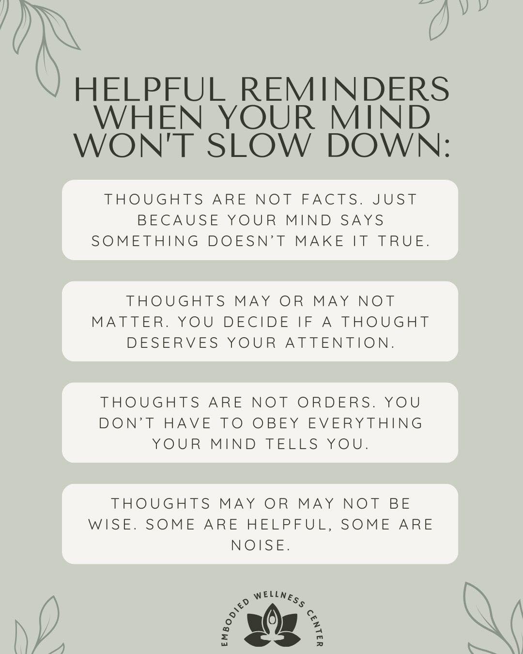 Getting stuck in your head can make everything feel louder, heavier, and more urgent than it really is. Cognitive defusion helps you create a little space between you and your thoughts so you can notice them without being controlled by them. For more information on cognitive defusion, click the link in our bio to read the latest post.
.
.
.
#cognitivedefusion #acttherapy #mindfulnesspractice #anxietyrelief #overthinking #mentalhealthtools #somatictherapy #stressmanagement #intrusivethoughts #emotionalregulation #mindbodyconnection #therapytools #chicagotherapist #mentalwellness #embodiedwellnesscenter #chicagotherapist #chicago #mentalhealth #mentalhealthmatters #chicagogram #therapist #anxiety #therapistsofinstagram #chicagowellness #holistictherapist #mentalhealththerapist #therapistsofig