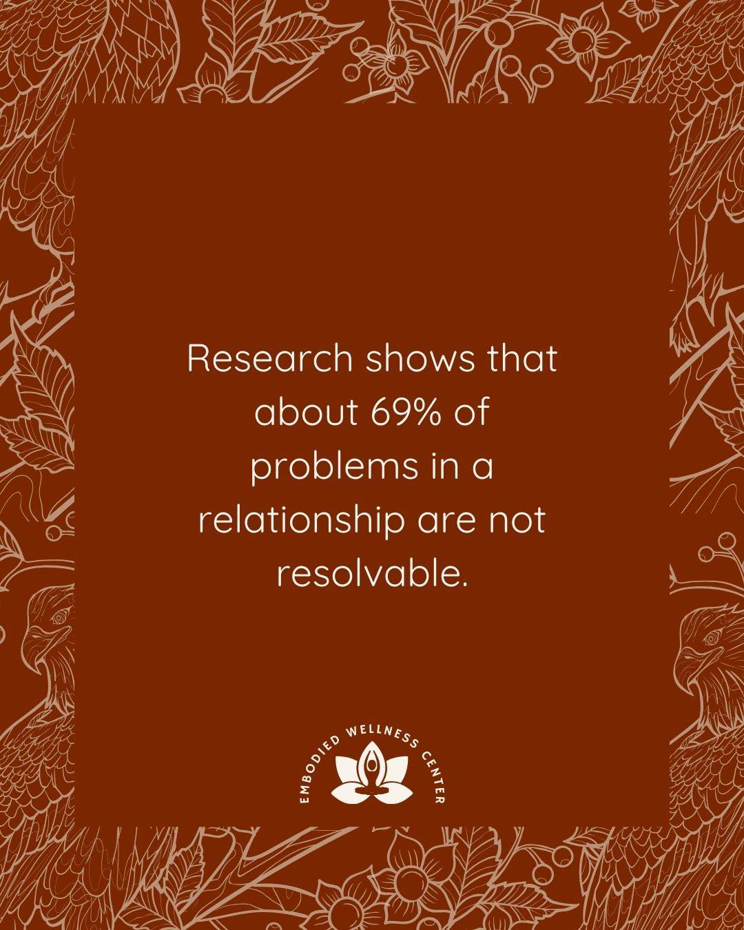 69% of relationship problems can't be solved. Instead, they must be managed. The question isn't "can we fix this?" but rather "can I live with this set of problems?" For more, click the link in our bio to read the latest blog post, "How to Handle Disagreements Without Ruining Your Relationship"
