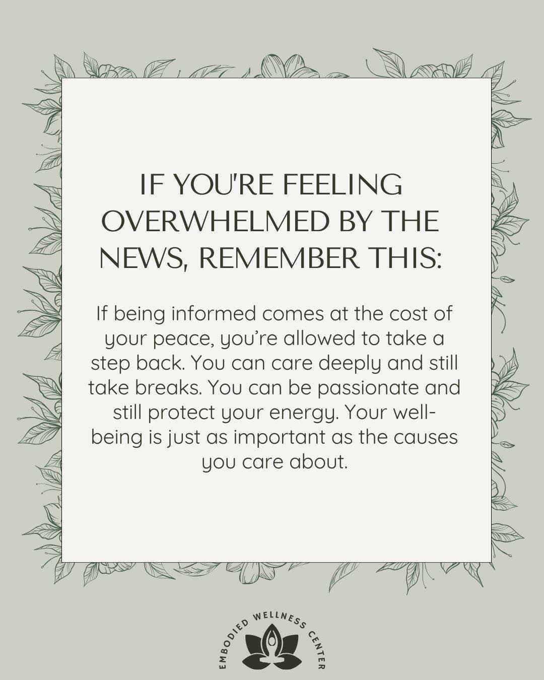 It’s important that we’re spreading the message that we can’t be passive observers of what’s happening in our country and around the world, but that pressure can sometimes cause us to ignore the signs that we’re overwhelmed.
.
For more tips on how to stay informed without getting overwhelmed, head to the link in our bio to read the latest post, "7 Ways to Avoid Doomscrolling Without Feeling Disconnected."