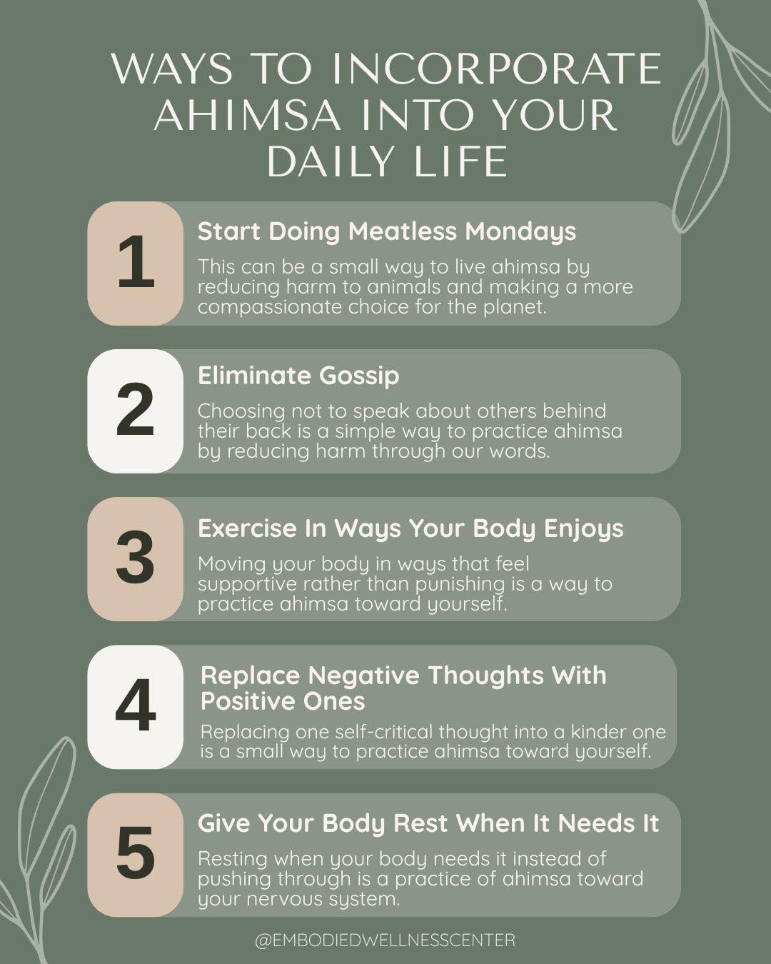 Our most recent newsletter is all about Ahimsa. Ahimsa is a Sanskrit term that means non-harming or nonviolence. Here are some practical ways you can integrate ahimsa into your daily life. For more tips and tricks, subscribe to our newsletter by clicking the link in our bio!
.
.
.
#embodiedwellnesscenter #chicagotherapist #chicago #mentalhealth #mentalhealthmatters #chicagogram #therapist #anxiety #therapistsofinstagram #chicagowellness #holistictherapist #mentalhealththerapist #therapistsofig #newsletter #newslettersignup #mentalhealthtips #selfcaretips #chicagomentalhealth #emailnewsletter #ahimsa #nonharming #yoga #yogalife #yogateacher #yogasutras