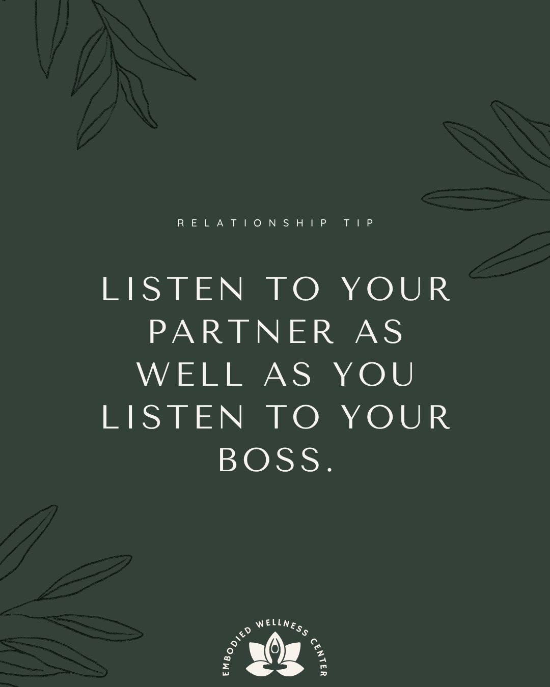 You’d probably never interrupt your boss mid-sentence, scroll your phone while they’re talking, or half-listen while thinking about your response. But in relationships, it’s easy to slip into those habits without realizing it.
Feeling heard isn’t about agreeing on everything. It’s about being present, curious, and actually taking in what the other person is saying. The same attention you give in professional spaces can completely shift the way you show up in your relationship.
What would change if your partner felt just as heard as your boss?
.
.
.
#embodiedwellnesscenter #chicagotherapist #chicago #mentalhealth #mentalhealthmatters #chicagogram #therapist #anxiety #therapistsofinstagram #chicagowellness #holistictherapist #mentalhealththerapist #therapistsofig #couplescounseling #selfhelptools #marriagecounseling #relationshiptips #healthyrelationships #relationshipadvice #selfawareness #relationships #communication #communicationskillstraining