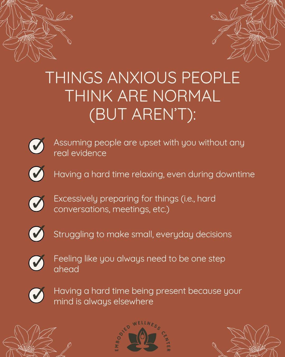 You’ve probably been doing some of these for so long that they don’t even register as anxiety anymore… they just feel like your personality. If this is you, just know you can find relief. We specialize in working with anxiety and have immediate daytime and evening availability. Click the link in bio to get started.
.
.
.
#anxietyawareness #highfunctioninganxiety #mentalhealthmatters #somatictherapy #nervoussystemregulation #burnoutrecovery #selfawareness #overthinking #stressmanagement #therapyhelps #mindbodyconnection #anxietyrelief #chicagotherapist #wellnessjourney #emotionalwellbeing #embodiedwellnesscenter #chicagotherapist #chicago #mentalhealth #mentalhealthmatters #chicagogram #therapist #anxiety #therapistsofinstagram #chicagowellness #holistictherapist #mentalhealththerapist #therapistsofig