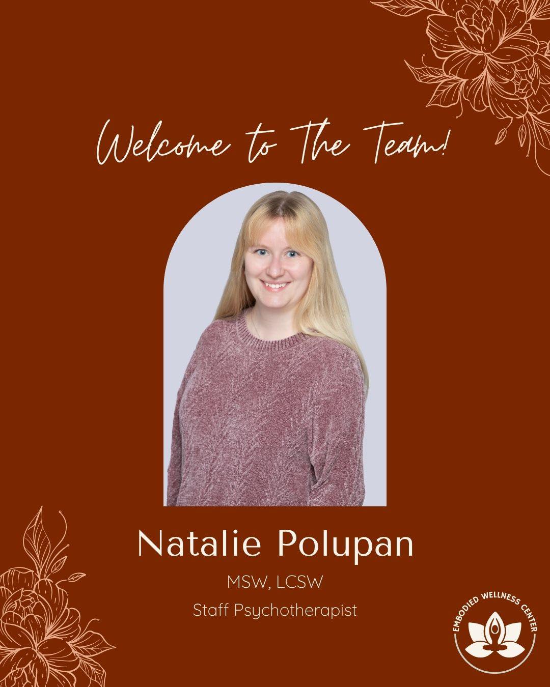 We’re so excited to welcome Natalie Polupan to Embodied Wellness Center!
.
Natalie works with adults dealing with anxiety, depression, chronic pain, relationship challenges, and chronic stress, especially those who feel emotionally exhausted from always having to “keep it together” despite struggling underneath the surface.
.
With a background in community mental health, Natalie has worked with a wide range of clients and presenting concerns, from everyday stress and life transitions to more severe and crisis-level situations. She also brings experience in clinical leadership and supervision, having managed and supported a large team of clinicians.
.
Natalie's approach is direct, compassionate, and deeply human. She creates a space where clients can show up authentically, feel genuinely supported, and begin creating meaningful, lasting change.
.
Natalie currently has limited availability available for new virtual clients living in Illinois, with additional openings becoming available in the coming weeks. Visit the link in our bio to learn more or schedule an appointment with Natalie.