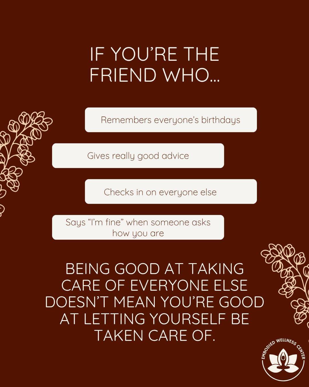 Being the person everyone can count on can feel like a strength. And it is. But sometimes, being “the strong one” also means you’ve gotten really good at putting your own needs last. Therapy can be one place where you don’t have to be the responsible one, the helpful one, or the person who has it all together. You deserve support too.
.
.
.
#therapy #therapist #mentalhealth #mentalhealthawareness #chicagotherapist #illinoistherapist #onlinetherapy #anxietytherapy #peoplepleasing #peoplepleaser #boundaries #selfcare #burnout #highfunctioninganxiety #emotionalwellness #therapyworks #embodiedwellness